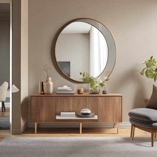 A serene, minimalist living room with a harmoniously arranged furniture layout, a balanced blend of earthy tones, and a statement piece of a circular mirror above a sleek, low-profile console table.