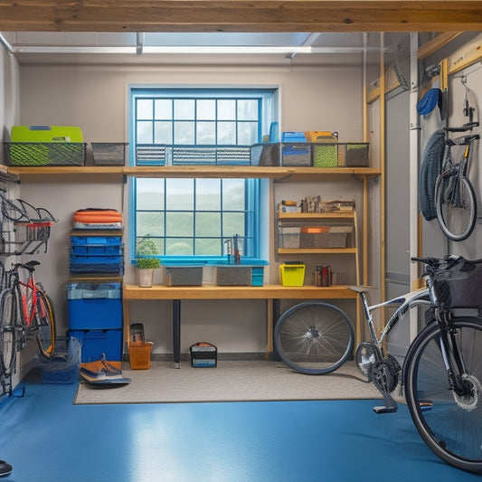 A well-organized garage with a sleek, metallic workstation, surrounded by storage bins and hooks, featuring a ladder leading to a loft storage area with a few bicycles and a kayak.