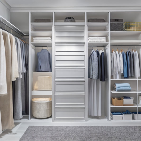 A tidy walk-in closet with double rods, shelves, and baskets, featuring a floor-to-ceiling storage unit, soft LED lighting, and a sliding glass door with a minimalist silver handle.