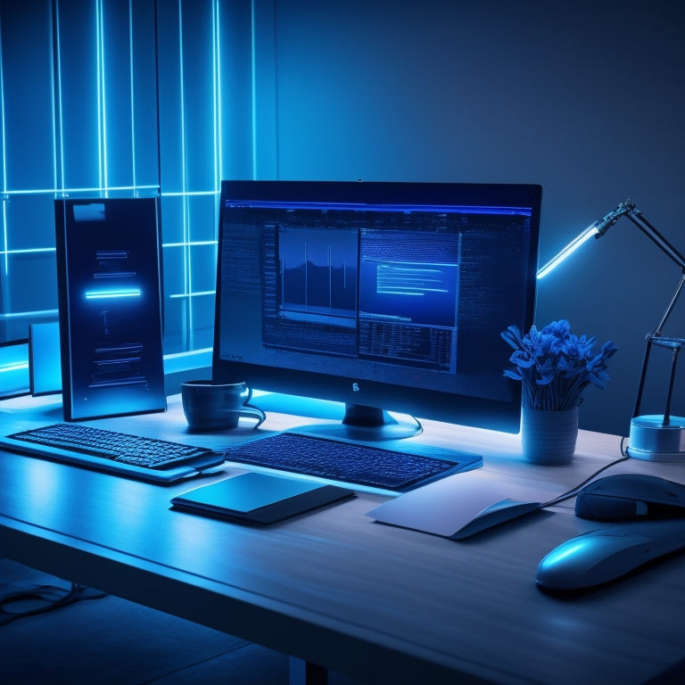 A futuristic, minimalist desk with a sleek laptop, surrounded by orbiting digital folders and files, connected by glowing blue lines and nodes, set against a dark, gradient blue background.