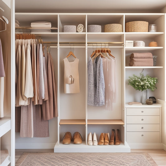 A serene, well-organized closet interior with bespoke shelving, soft cream walls, and warm wood accents, featuring a stylish, minimalist garment rack and a few, carefully selected, designer dresses.