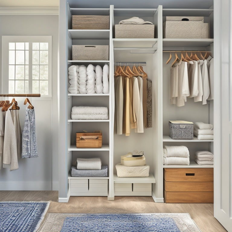 A tidy, walk-in closet with three-tiered, white, wooden shelving units, each holding folded clothes, baskets, and decorative boxes, against a soft, gray background with a floor-to-ceiling curtain.