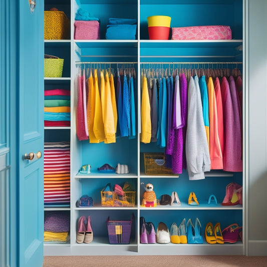 A colorful, well-lit closet with a mix of shelves, bins, and hanging rods, featuring a kid-friendly storage system with toys, clothes, and accessories neatly organized and easily accessible.