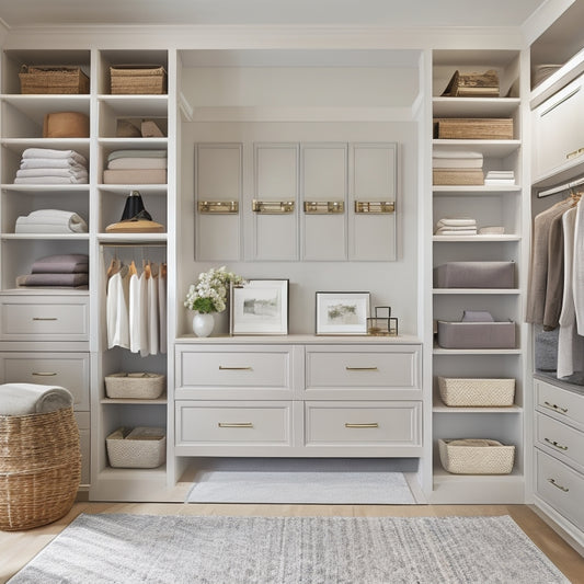 A serene, well-lit walk-in closet with custom-built shelves, drawers, and cabinets in a neutral color palette, featuring a mix of hanging rods, bins, and baskets, surrounded by a calming natural background.