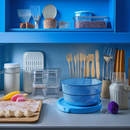 A tidy, well-lit baking supply drawer with categorized containers, neatly stacked baking sheets, and a utensil organizer holding a pastry brush, whisk, and silicone spatulas.