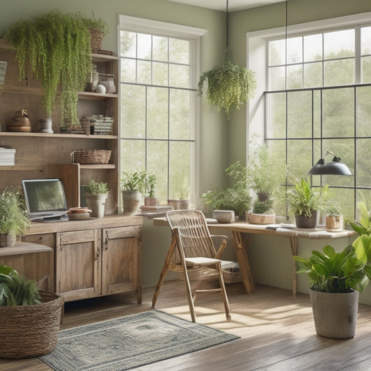 A clutter-free room with a Murphy desk, shelves made from reclaimed wood, and woven baskets suspended from the ceiling, surrounded by lush green plants and soft, natural light.