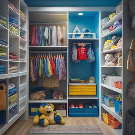 A tidy, well-lit kids' closet with a few toys and clothes organized on shelves, in bins, and on hooks, with a few empty spaces to convey a sense of calm and control.