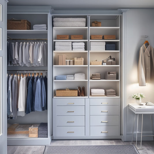 A serene, well-lit, and organized walk-in closet with a mix of open shelves, drawers, and hanging rods, featuring IKEA Pax systems in a calming soft gray and white color scheme.