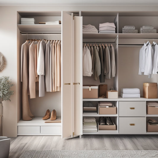 A minimalist, modern closet interior with sleek shelves, drawers, and rods, featuring a mix of neatly arranged clothes, shoes, and accessories in a calming, neutral color palette.