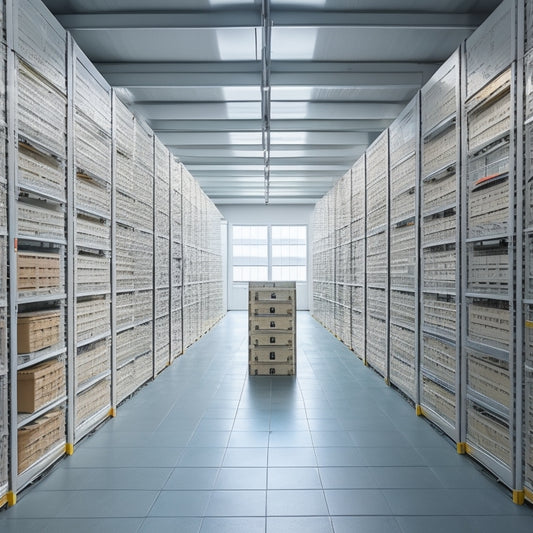 A serene, well-organized storage facility with rows of neatly stacked crates, shelves, and lockers in a bright, spacious room with large windows and a sleek, modern aesthetic.