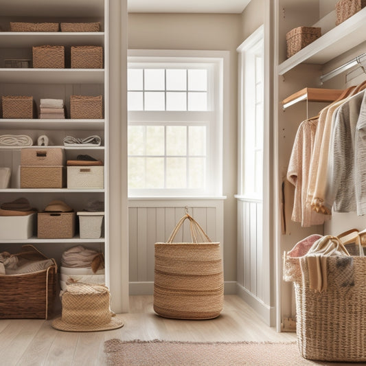 A beautifully organized walk-in closet with varying shelving heights, wooden crates, and woven baskets, surrounded by soft natural light and a calming beige color scheme.