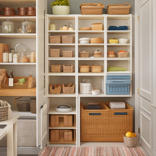 A tidy pantry with adjustable shelves, wicker baskets, and stackable containers, featuring a pegboard with hooks, a Lazy Susan, and a pull-out drawer, all in a calming, creamy color scheme.