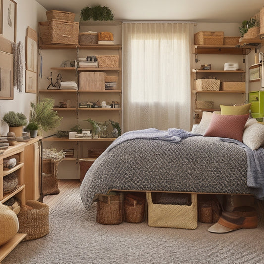 A cluttered, cramped room transforms into a tidy oasis, with a murphy bed, wall-mounted shelves, and woven baskets, showcasing a small space optimized with clever DIY storage solutions.