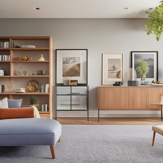A bright, modern living room with built-in shelving, a minimalist wooden desk with a custom drawer system, and a floor-to-ceiling storage unit with sliding glass doors.
