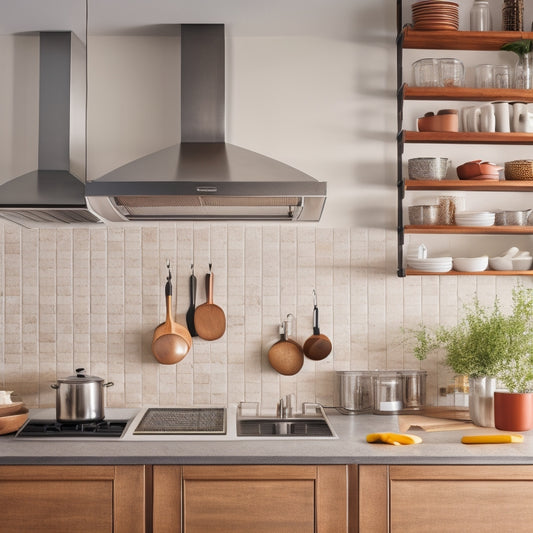 A modern kitchen with sleek countertops, featuring a stainless steel pot rack suspended from the ceiling, a wooden utensil holder mounted on the wall, and a tiered spice rack attached to the side of a cabinet.