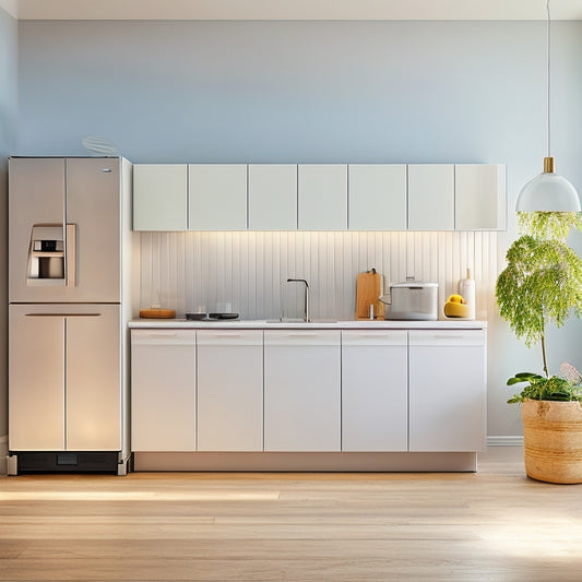 A minimalist kitchen with sleek, space-saving appliances: a compact refrigerator with chrome handle, a slim toaster, and a tiny sink, set against a backdrop of light wood and white countertops.