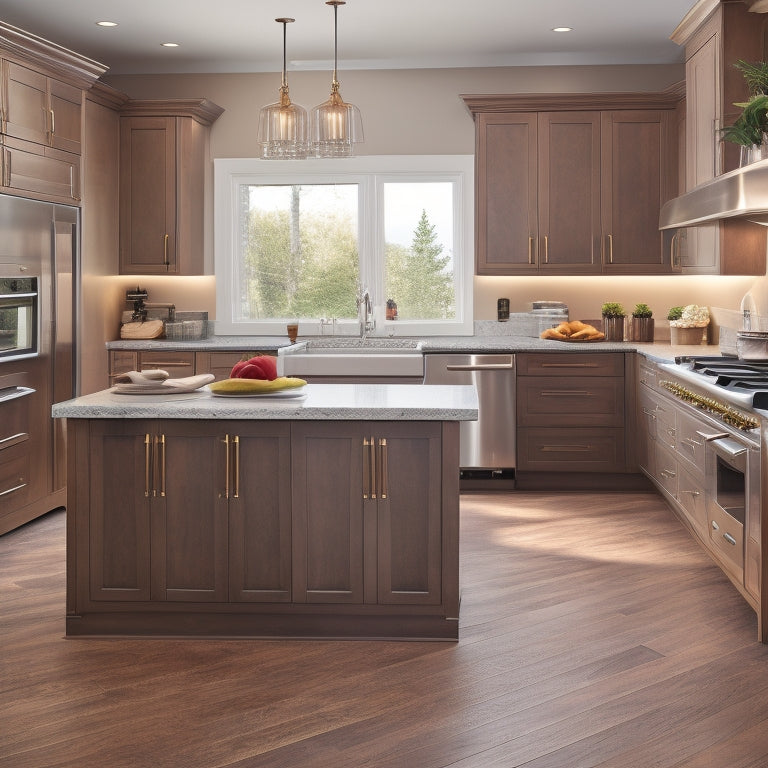 A modern kitchen with a large, rectangular island featuring five drawers of varying sizes, with ornate metal handles and a warm, wood-grain finish, surrounded by sleek countertops and stainless steel appliances.