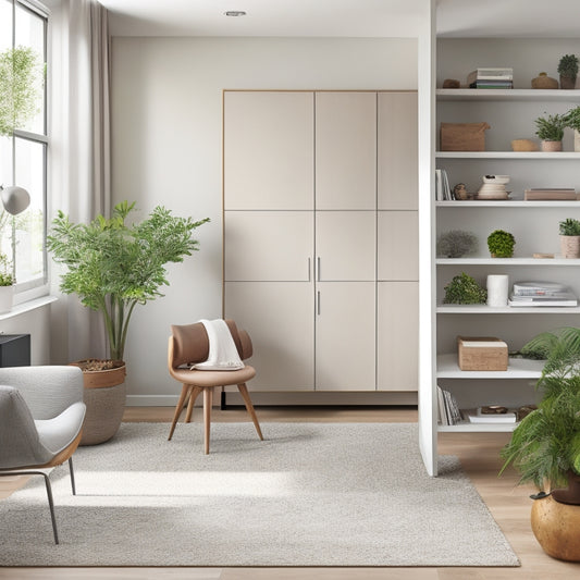 A minimalist, modern living room with a wall-mounted foldable desk, a Murphy bed, and a sleek, compact shelving unit, surrounded by a few, carefully placed potted plants and a small, circular rug.