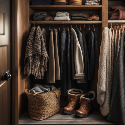 A cozy, organized closet with warm lighting, featuring a mix of winter clothing items like thick coats, knit sweaters, and scarves in earthy tones, arranged on wooden shelves and hung on rustic wooden hangers.