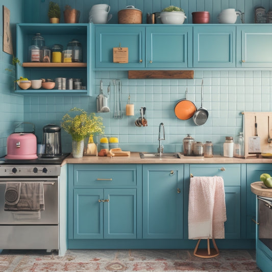 A clutter-free, well-organized tiny kitchen with a miniature sink, compact refrigerator, and a two-burner stovetop, surrounded by cleverly arranged utensils and cooking essentials in a limited color palette.