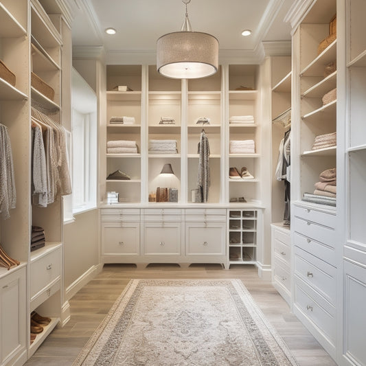 A bright, spacious walk-in closet with cream-colored walls, dark wood shelves, and a central island with drawers, surrounded by floor-to-ceiling rods, and a bench with a velvet ottoman in the corner.