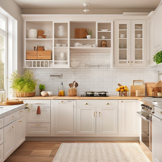 A bright, modern small kitchen with creamy white cabinets, warm wood accents, and sleek chrome hardware, showcasing a mixture of pull-out shelves, stackable baskets, and adjustable dividers.