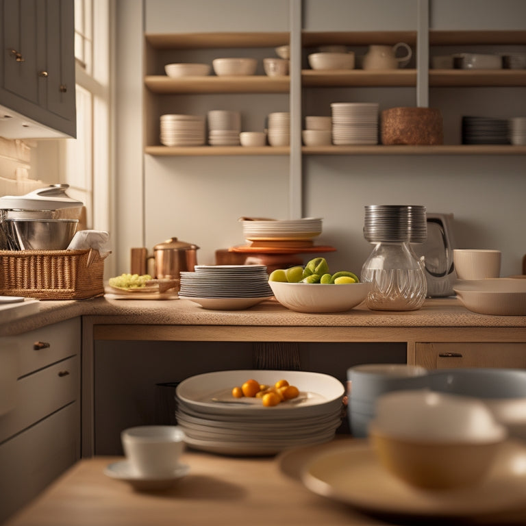 A tidy kitchen with open plate drawers, showcasing neatly stacked dinner plates, bowls, and cups, divided by dividers and arranged by size, with a subtle warm lighting and a blurred background.