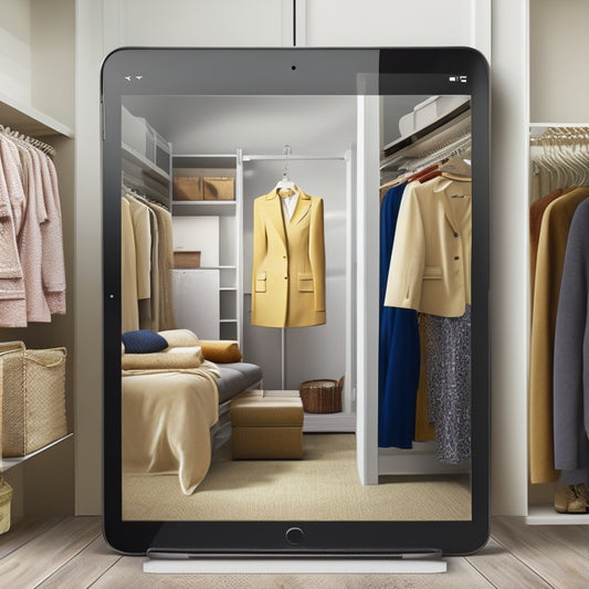 An iPad with a closet design app open, displaying a 3D virtual closet with sliding doors, shelves, and clothes, surrounded by design tools and color palettes on the screen.