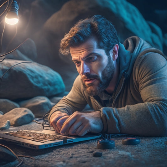 A frustrated person sitting in front of a laptop with a puzzled expression, surrounded by obstacles like rocks, hurdles, and tangled wires, with a subtle glow of a solution emerging in the background.