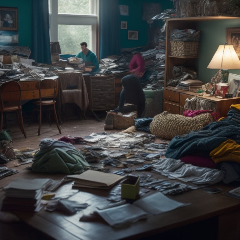 A messy living room with piles of clothes, books, and papers scattered around, a broken lamp on the floor, and a hint of a frustrated person in the background, surrounded by chaos.