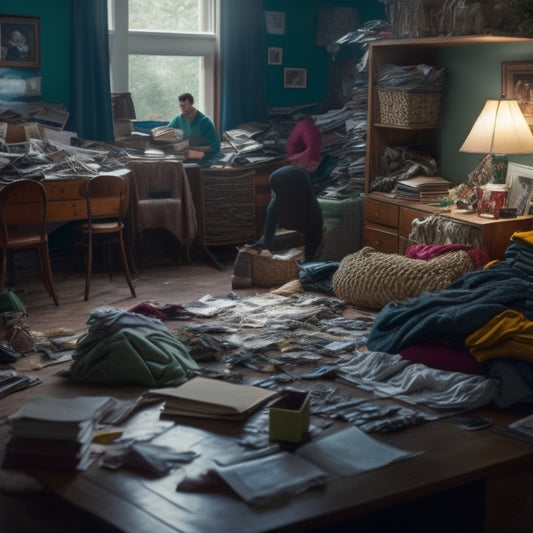 A messy living room with piles of clothes, books, and papers scattered around, a broken lamp on the floor, and a hint of a frustrated person in the background, surrounded by chaos.
