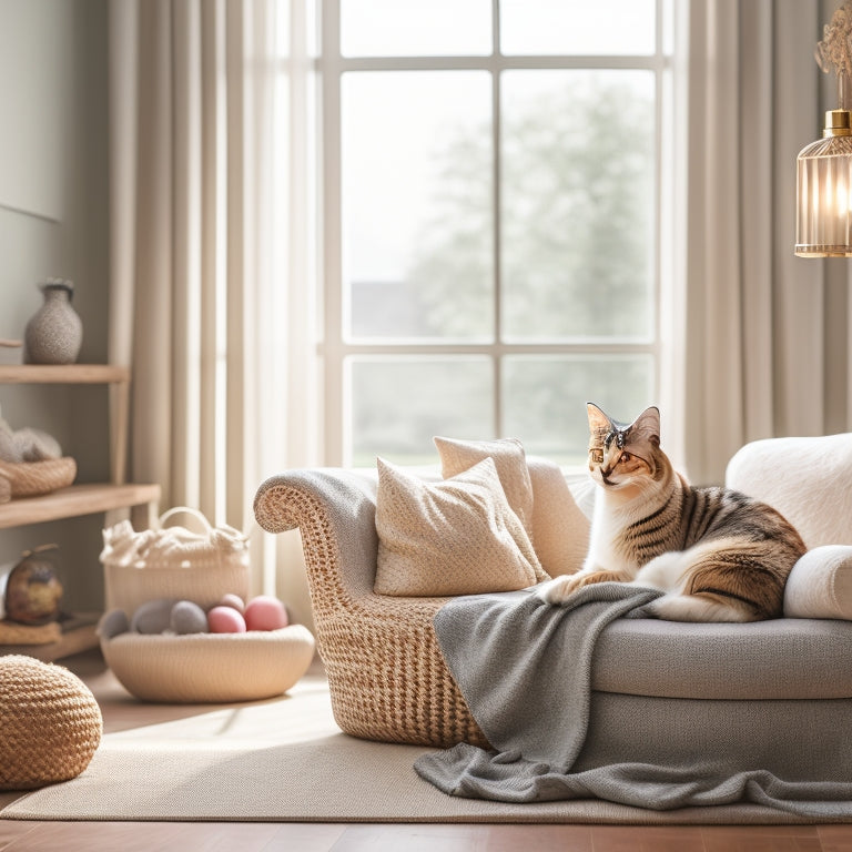 A serene living room with a cat lounging on a plush couch, surrounded by tidy pet toys and treats in woven baskets, against a calming beige background with natural light streaming in.