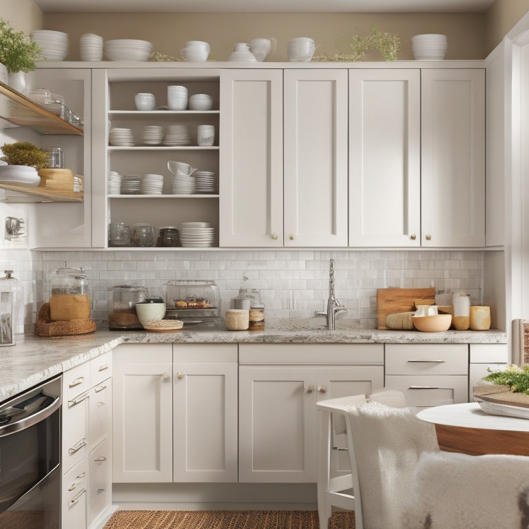 A bright, modern kitchen with cream-colored cabinets, adorned with sleek silver handles, showcasing a Lazy Susan in a corner cabinet, a pull-out spice rack, and a stacked plate organizer.