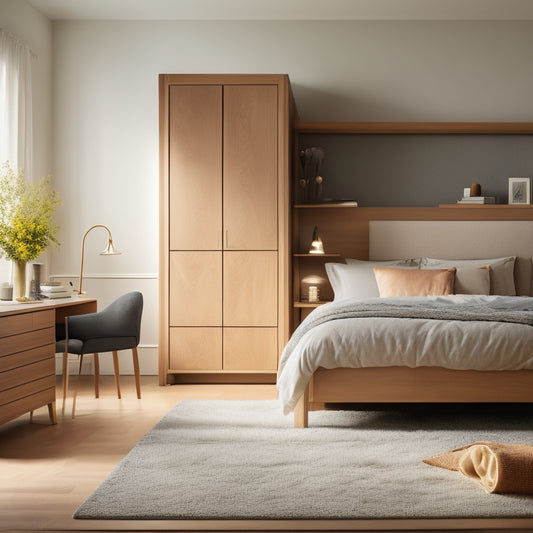 A serene, minimalist bedroom with a floor-to-ceiling KLEPPSTAD wardrobe in a light wood tone, surrounded by a plush area rug, a modern bed, and a few carefully placed decorative items.