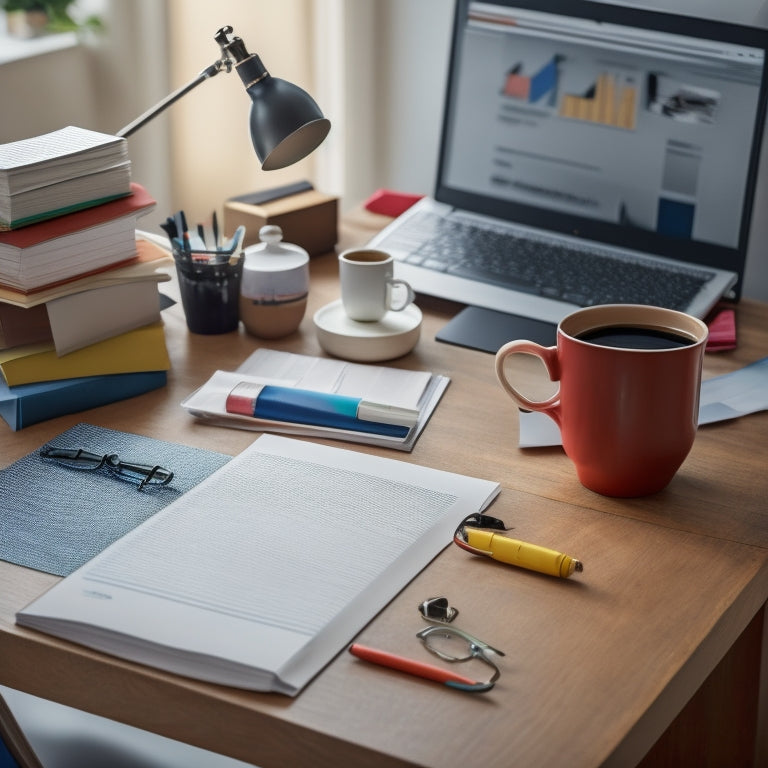 A tidy, organized desk with a binder open to a colorful, tabbed section, surrounded by office supplies, a cup of steaming coffee, and a few scattered papers with checkmarks and notes.