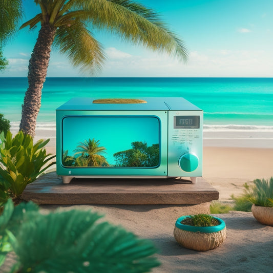 A serene, sun-kissed island with a modern, sleek microwave oven seamlessly integrated into a palm tree trunk, surrounded by lush greenery and a tranquil turquoise ocean.