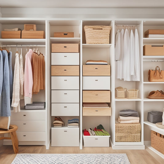 A bright, modern closet with sleek white shelves, wooden drawers, and a hanging rod system, showcasing a mix of folded clothes, shoes, and accessories, with a few decorative baskets and bins.