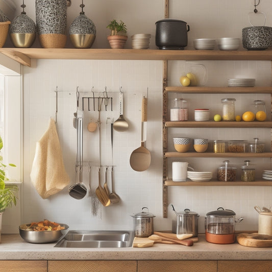 A tidy kitchen with a wall-mounted pegboard featuring hanging utensils, a retractable spice rack, and a compact shelf displaying a few favorite cookbooks, surrounded by warm, natural light.