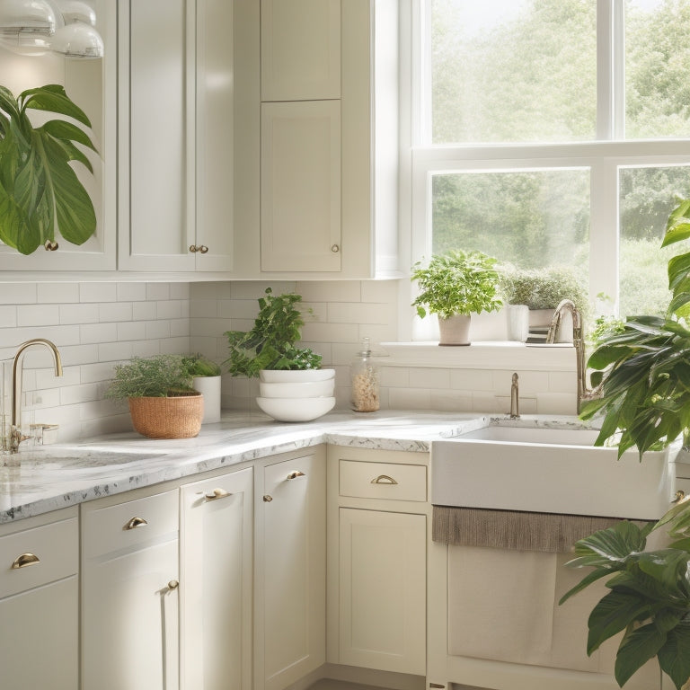 A serene, well-organized small kitchen with a warm beige backsplash, sleek white cabinets, and a minimalist utensil holder on the counter, surrounded by lush greenery and soft, natural light.