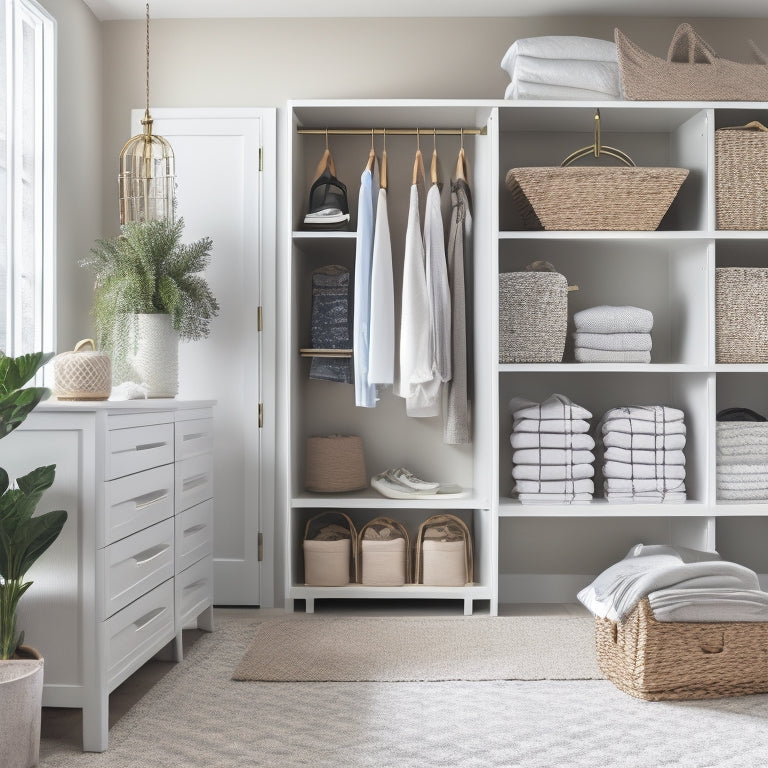 A stylish, modern closet with sleek, white shelves and rods, featuring a mix of woven baskets, velvet-lined drawers, and stackable shoe racks in a soothing, monochromatic color scheme.