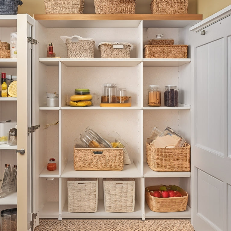 A tidy under-stair pantry with pull-out baskets, adjustable shelves, and a pegboard for hanging utensils, set against a calming white and light-wood tone background.