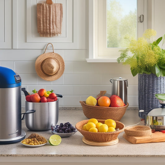 A clutter-free kitchen counter with a stainless steel stand mixer, a slow cooker, and a compact coffee maker, surrounded by a few fresh ingredients and a woven basket filled with fresh fruit.