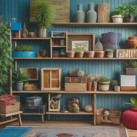 A colorful, clutter-free shelf with repurposed wooden crates, woven baskets, and geometric-shaped boxes storing CDs, surrounded by decorative plants and a few scattered music-themed decorative items.