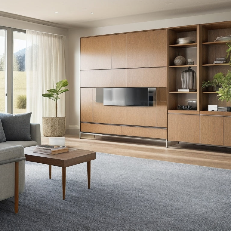 A modern, sleek living room with Lugna Cabinets in a warm wood tone, featuring retractable doors, built-in USB ports, and soft-close drawers, surrounded by clutter-free spaces and minimal decor.