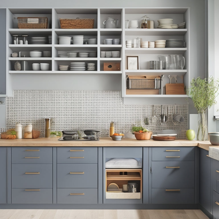 A serene, modern kitchen with sleek grey cabinets, featuring a pull-out utensil organizer with dividers, a built-in knife block, and a pegboard with hooks and baskets.