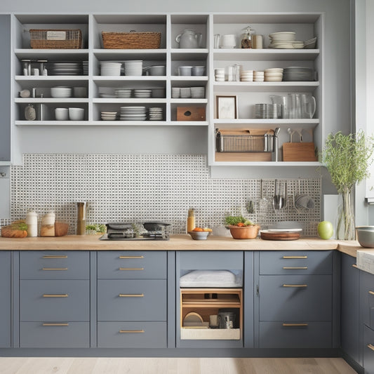 A serene, modern kitchen with sleek grey cabinets, featuring a pull-out utensil organizer with dividers, a built-in knife block, and a pegboard with hooks and baskets.