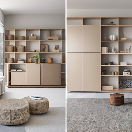 A modern, minimalist home interior with sleek storage units, including a wall-mounted shelf with woven baskets, a hidden compartment coffee table, and a modular closet system with sliding doors.