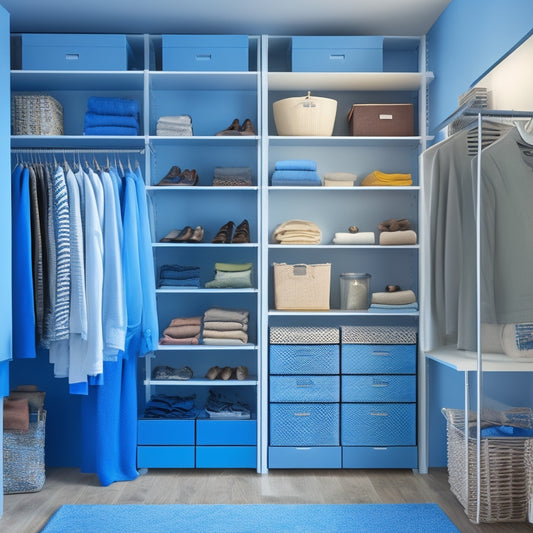 A tidy reach-in closet interior with shelves, rods, and bins, featuring a mix of folded clothes, hanging garments, and accessories, illuminated by a recessed light, and a subtle background gradient of calming blue hues.