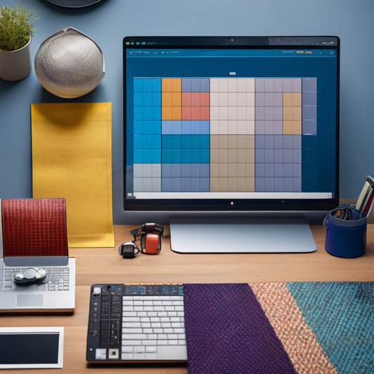 A minimalist digital workspace with a sleek laptop, surrounded by colorful digital pattern swatches, and organized tabs on a screen, amidst a subtle grid of tiny digital fabric textures.