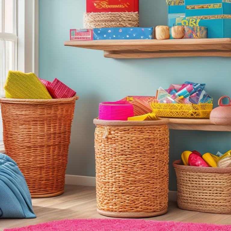 A colorful, clutter-free home interior with repurposed dollar store items: a woven basket filled with rolls of wrapping paper, a stack of labeled plastic bins, and a DIY shelf made from a wooden crate.